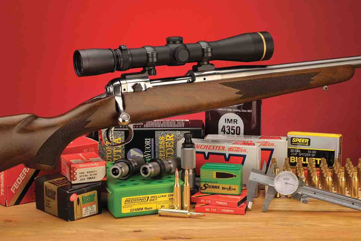 A full complement of components was used to handload .22/6mm Texas Trophy Hunter ammunition. The rifle is a custom job from E.R. Shaw.